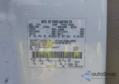 2006 Ford F-150 Fx4/Lariat/Xlt from USA, damaged, VIN 1FTPW14V66FA66471